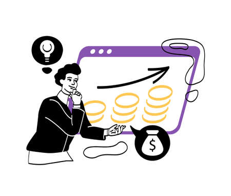 Investing and financial strategy abstract concept. Feturn on investment. Man makes profit from stock market and becomes rich. Currency growth. Cartoon flat vector illustration in doodle styleのイラスト素材