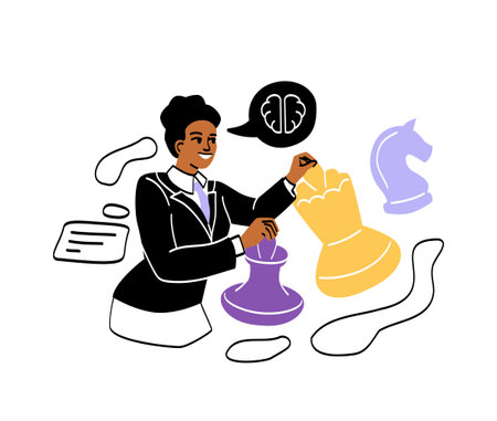 Investing and financial strategy concept. Invest strategy. Woman moves chess pieces and thinks over financial strategy. Increase in profit or income. Cartoon flat vector illustration in doodle styleのイラスト素材