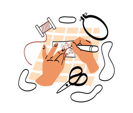 Needlework embroidery abstract concept. Women hands draw beautiful floral pattern on paper for decoupage or tapestry. Handmade decor or hobby. Cartoon flat vector illustration in doodle styleのイラスト素材