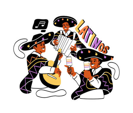 Portrait of music band concept. Popular musicians in ponchos and sombreros perform song in style of...