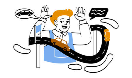 Funny Kid Engaged in Different Activities. Happy little boy plays with cars and arranges races on road. Smiling child has fun and spends time. Cartoon flat vector illustration in doodle styleのイラスト素材