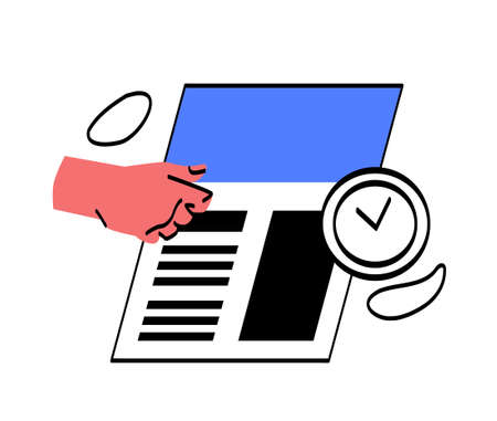 Hand choosing resume concept. HR manager holds candidate curriculum vitae and reads list of professional skills. Recruitment or selection for vacancy. Cartoon flat vector illustration in doodle styleのイラスト素材