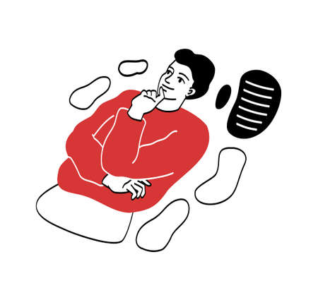 Dreaming character abstract concept. Young smart man lies and thinks about upcoming projects and tasks. Thoughtful entrepreneur or student. Cartoon modern flat vector illustration in doodle styleのイラスト素材