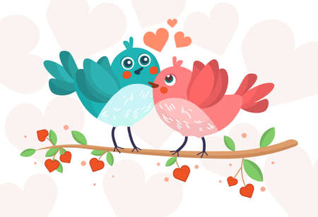 Happy Valentine Day concept. Beautiful cute birds sitting on tree branch and love each other. Colorful animals with hearts. Design element for greeting card. Cartoon modern flat vector illustrationのイラスト素材