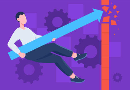 Concept of breaking limits. Young man holds arrow and breaks barrier in front of him. Entrepreneur overcomes obstacles, promotes and develops business. Cartoon contemporary flat vector illustrationのイラスト素材