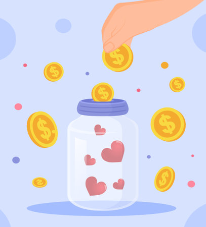 Charity and donation concept. Large hand puts coins or hearts into jar. Metaphor for financial support or assistance to poor people. Volunteering and kindness. Cartoon flat vector illustrationのイラスト素材