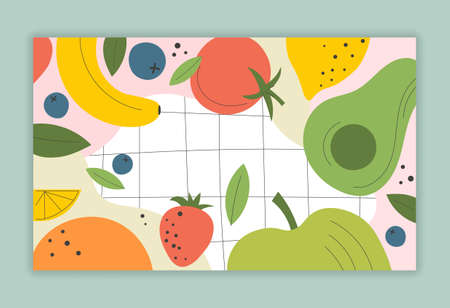 Organic fruits pattern. Poster or banner for website, vegetarian diet. Fresh and natural products. Health and diet, nutrition, juice and salad, colorful background. Cartoon flat vector illustrationのイラスト素材
