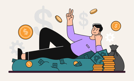 Rich man with money. Successful businessman or investor, passive income. Metaphor of income and financial literacy, lucky character. Talented entrepreneur with coins. Cartoon flat vector illustrationのイラスト素材