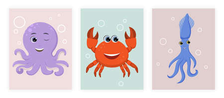 Sea life set. Collection of posters with marine inhabitants. Flora and fauna, graphic elements for website. Funny characters for kids, fantasy and imagination. Cartoon flat vector illustrationのイラスト素材