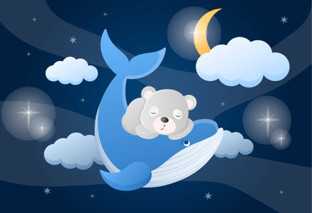 Baby bear at sky. Stretched silt and banner for children, fictional characters. Sleep and recreation, correct regimen of day. Animals in clouds, stars and moon. Cartoon flat vector illustrationのイラスト素材