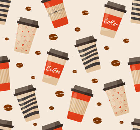 Coffee cup seamless pattern. Repeating image for printing on linens or wrapping paper. Hot refreshing drinks in morning, caffeine and coffee shop, restaurant. Cartoon flat vector illustrationのイラスト素材