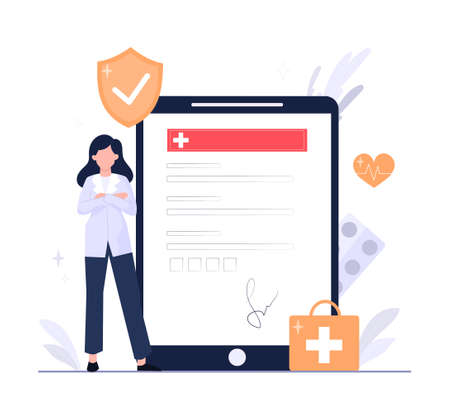 Health insurance concept. Girl in medical gown next to contract, treatment of diseases and regular checks. Professional help, documents and deal, healthcare. Cartoon flat vector illustrationのイラスト素材