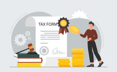 Tax law concept. Man with money next to contract. Jurisprudence and payment processing. Internet negotiations and partnership. Justice and government metaphor. Cartoon flat vector illustrationのイラスト素材