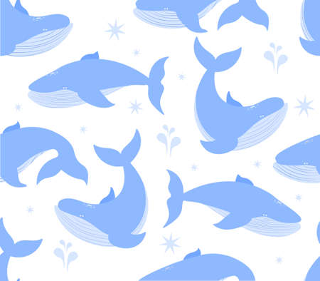 Whales seamless pattern. Repeating image for printing on bed linen. Marine animals, fauna, underwater world, wildlife. Image for printing on childrens t shirt. Cartoon flat vector illustrationのイラスト素材