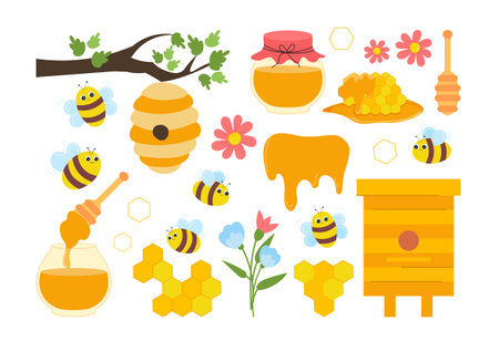 Bees with honey. Collection of stickers for social networks, wildlife and apiary. Insects and trees,...