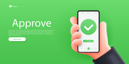 Approve 3d hand poster. Businessman with smartphone in hand. Modern technologies and innovations. Approval and agreement. Landing webpage design. Neon isometric vector illustrationのイラスト素材