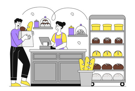 People in bakery simple. Man and woman with pastry products. Breads, croissants and baguettes. Loaf and cakes. Cafe or catering. Small business owner with client. Doodle flat vector illustrationのイラスト素材