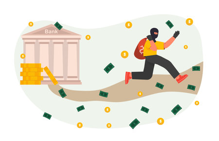 Bank robbery concept. Man with blak bag run near banknotes and golden coins. Criminal at crime scene. Thief with cash. Cartoon flat vector illustration isolated on white backgroundのイラスト素材