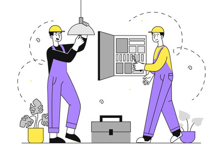 Work with electricity simple. Workers in uniform fix electrical gadgets and device. Electrician and handyman team with tool box. Doodle flat vector illustration isolated on white backgroundのイラスト素材