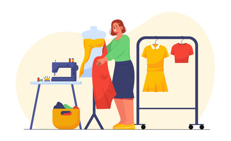 Woman fashion designer concept. Young girl with dress near mannequin. Trendy and style. Worker of boutique or shopping mall. Cartoon flat vector illustration isolated on white backgroundのイラスト素材
