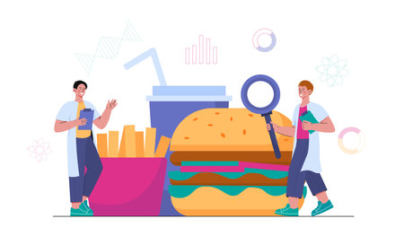 Junk food research. Men in medical uniform with magnifying glass near takeaway eating. Doctors with burger, soda and french fries. Cartoon flat vector illustration isolated on white backgroundのイラスト素材