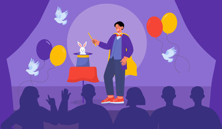 Magic trick with bunny. Man with magic wand near rabbit. Performance and sow with illusionist. Magician and wizzard, miracle. Entertainment and leisure. Cartoon flat vector illustrationのイラスト素材
