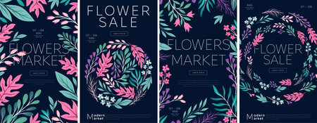 Minimalistic leaves poster set. Booklets and flyers. Discounts and promotions in flower store. Marketing and advertising. Cartoon flat vector illustration isolated on white backgroundのイラスト素材