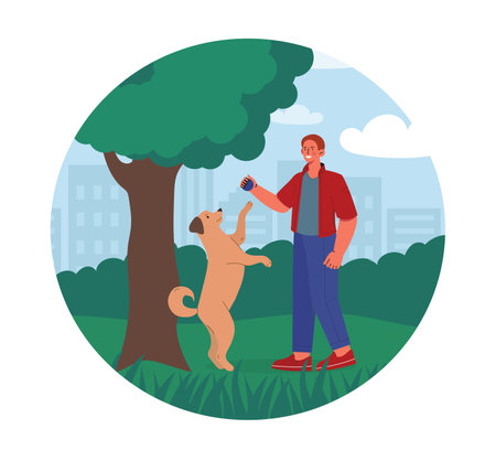 Man playing with dog outdoor. Young guy in city park with dog. Owner and pet in sunny day. Care about domestic animal, routine. Cartoon flat vector illustration isolated on white backgroundのイラスト素材