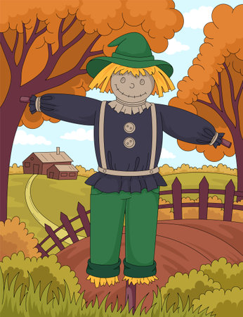 Scarecrow at autumn garden. Funny dummy in hat and dirty clothes at wooden stick. Gardening and farming, agriculture. Protection of harvest from crows. Cartoon flat vector illustrationのイラスト素材