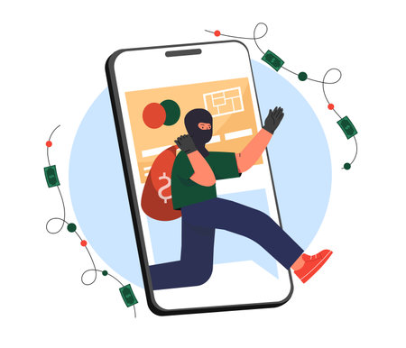 Stealing money online concept. Man in face mask with bag of money run through smartphone screen. Crime on internet, hackers attack. Cartoon flat vector illustration isolated on white backgroundのイラスト素材