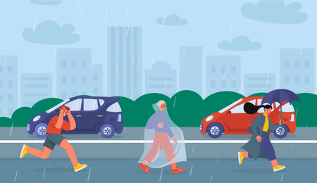 People walk in rain. Man and woman with umbrella and raincoat. Wet and rainy weather at urban street. People in city in autumn and fall season. Cartoon flat vector illustrationのイラスト素材