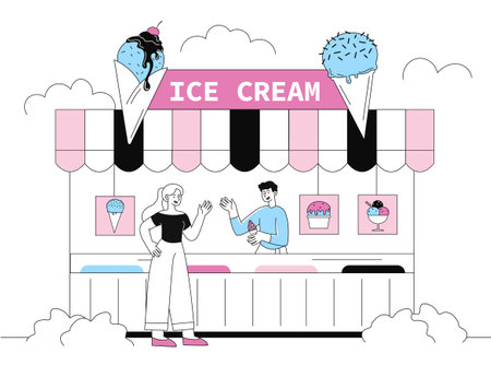 Ice cream concept. Woman buys dessert and delicacy from man in summer season and hot day. Buyer and seller. Shop owner holding ice cream cone. Linear flat vector illustrationのイラスト素材