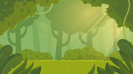 Jungle background concept. Rainforest with tropical plants and trees. Beautiful natural landscape and panorama. Exotic trees and bushes, field. Cartoon flat vector illustrationのイラスト素材