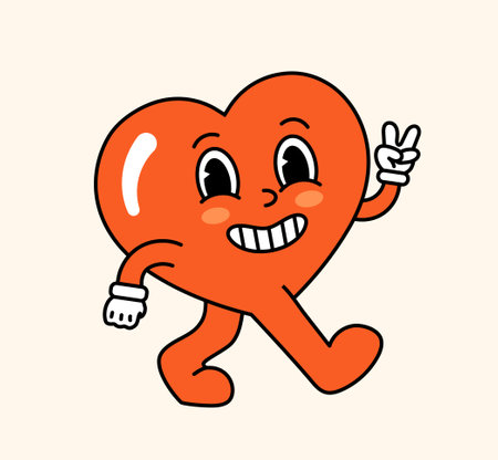 Retro hippie heart concept. Fictional character in old style. Sticker for social networks and messengers. Back to 80s and 90s. Cartoon flat vector illustration isolated on beige backgroundのイラスト素材