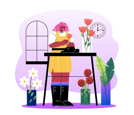 Happy woman gardener. Smiling florist girl work in flower shop and collects beautiful bouquets from blooming plants. Botany and floristry. Cartoon flat vector illustration isolated on white backgroundのイラスト素材