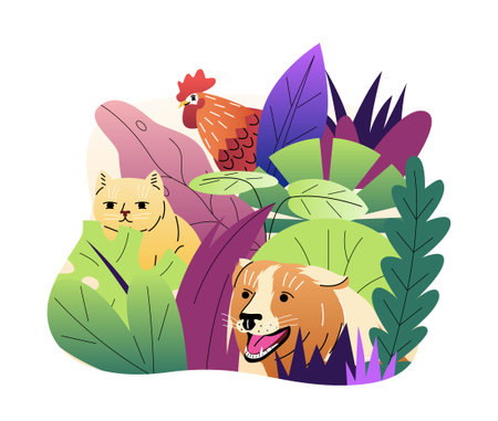 Animals spying and observing. Cute dog, cat and rooster hiding in bushes, peeking out, sneaking and...