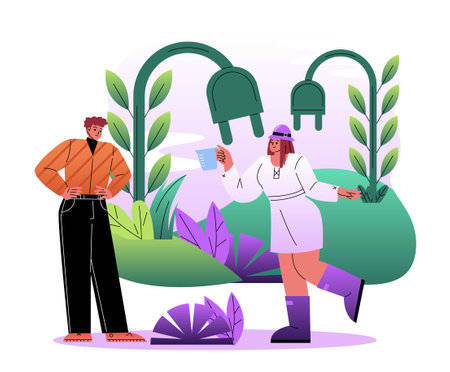 Sustainable lifestyle concept. Green energy and alternative renewable sources of electricity. Caring for nature and reducing emissions. Biofuel to save environment. Cartoon flat vector illustrationのイラスト素材