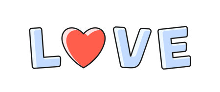 Valentines Day element. Linear romantic icon with red heart and inscription love. Design for greeting card. Cartoon flat vector illustration isolated on white backgroundのイラスト素材