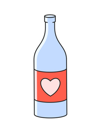 Valentines Day element. Linear romantic icon with bottle of wine with red heart on label. Alcoholic drink for couple in love. Design for invitation. Cartoon flat vector illustration isolated on whiteのイラスト素材