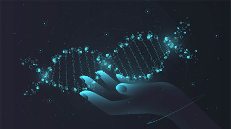 DNA on hand concept. Molecule structure, microbiology and genetic engineering metaphor. Poster or banner for website. Wireframe DNA molecules structure and code. Realistic 3D vector illustrationのイラスト素材