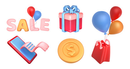Online shop realistic icons set. Badges with gift box, sale lettering, smart phone with cashless payment, golden coin and bag on balloons. 3d render vector illustrations isolated on white backgroundのイラスト素材