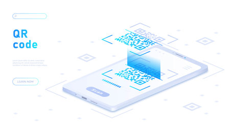 QR code concept. Smartphone scans bar code, shortened link. Online shopping, electronic commerce and...