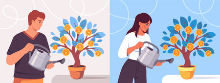 Tree investment concept. Man and woman with watering can near plant with gold coins. Financial literacy and passive income. Wealth management in growing business. Cartoon flat vector illustrationのイラスト素材