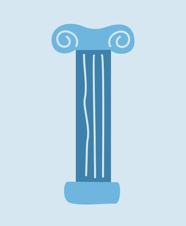 Trendy doodle icon. Abstract aesthetic sticker with ancient column of traditional greek architecture. Freehand matisse art style. Cartoon flat vector illustration on blue backgroundのイラスト素材