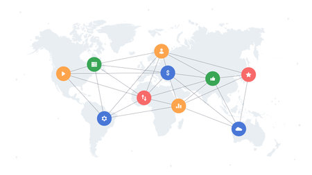 Global structure at map concept. Globalization and international business. Marketing and electronic...