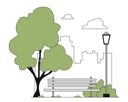 City park linear. Trees with wooden bench. Urban architecture, place in town for walks. Sticker for social networks and messengers. Simple flat vector illustration isolated on white backgroundのイラスト素材