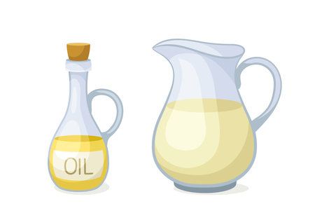 Item for baking concept. Glass jugs with oils. Cooking and preparation of homemade eating. Graphic element for website. Cartoon flat vector illustration isolated on white backgroundのイラスト素材