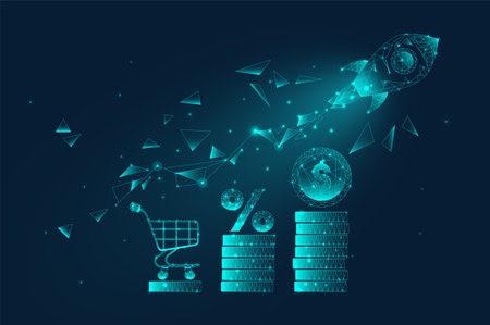 Start sales digital concept. Modern technologies and innovations. Stack of golden coins near cart, percents and rocket. Investment and trading, financial literacy. Isometric vector illustrationのイラスト素材