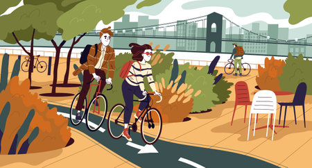 Bicyclists in eco park. Happy man and woman riding bicycles outdoors. Physical activity and entertainment in nature. Characters walking on bike. Design for banner. Cartoon flat vector illustrationのイラスト素材