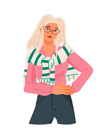 Happy smiling person. Beautiful blonde girl expresses positive emotions, joy and cheerfulness. Cheerful character with good mood. Cartoon flat vector illustration isolated on white backgroundのイラスト素材